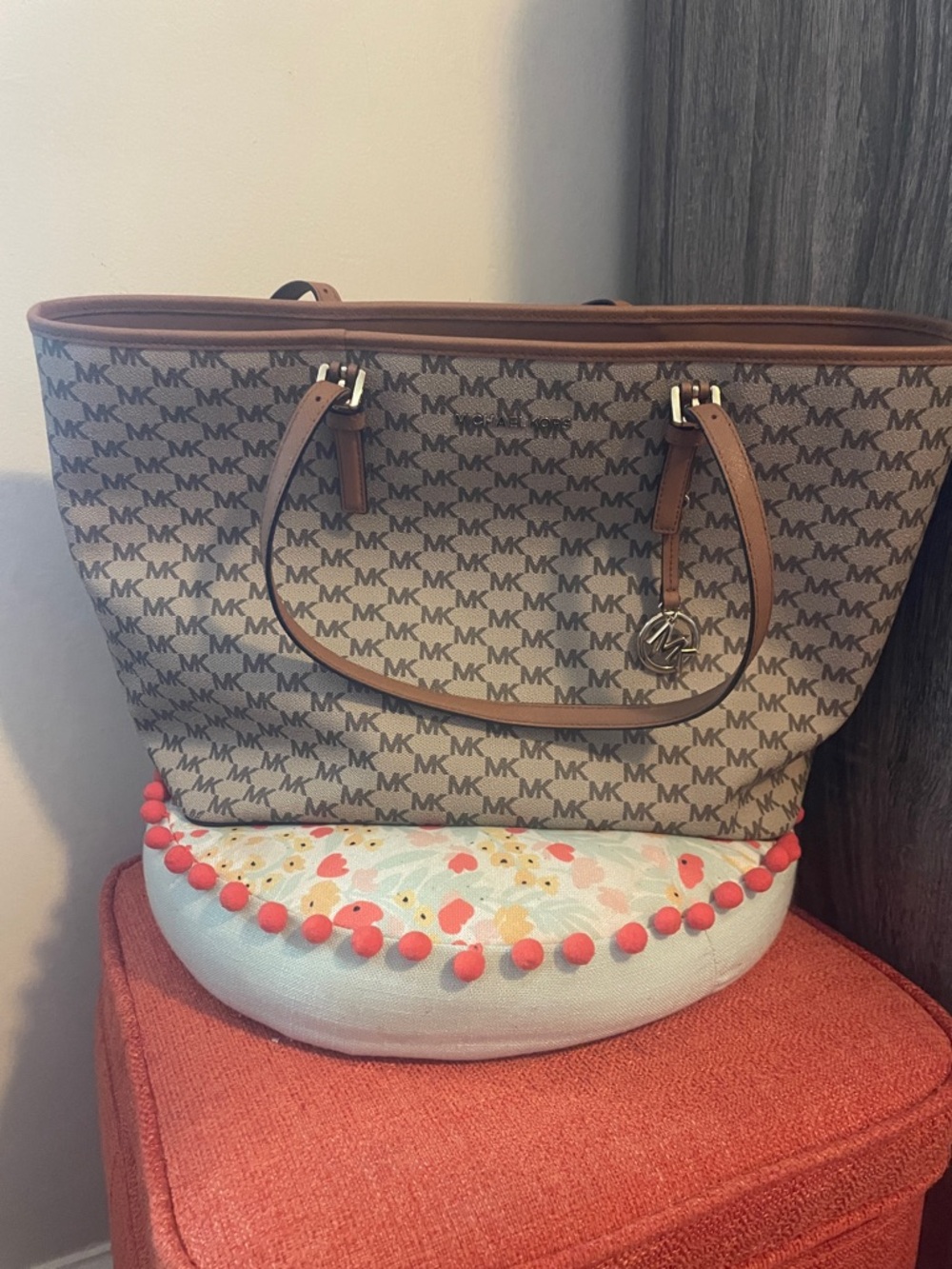 Michael Kors Beige Signature MK Tote with Brown Trim